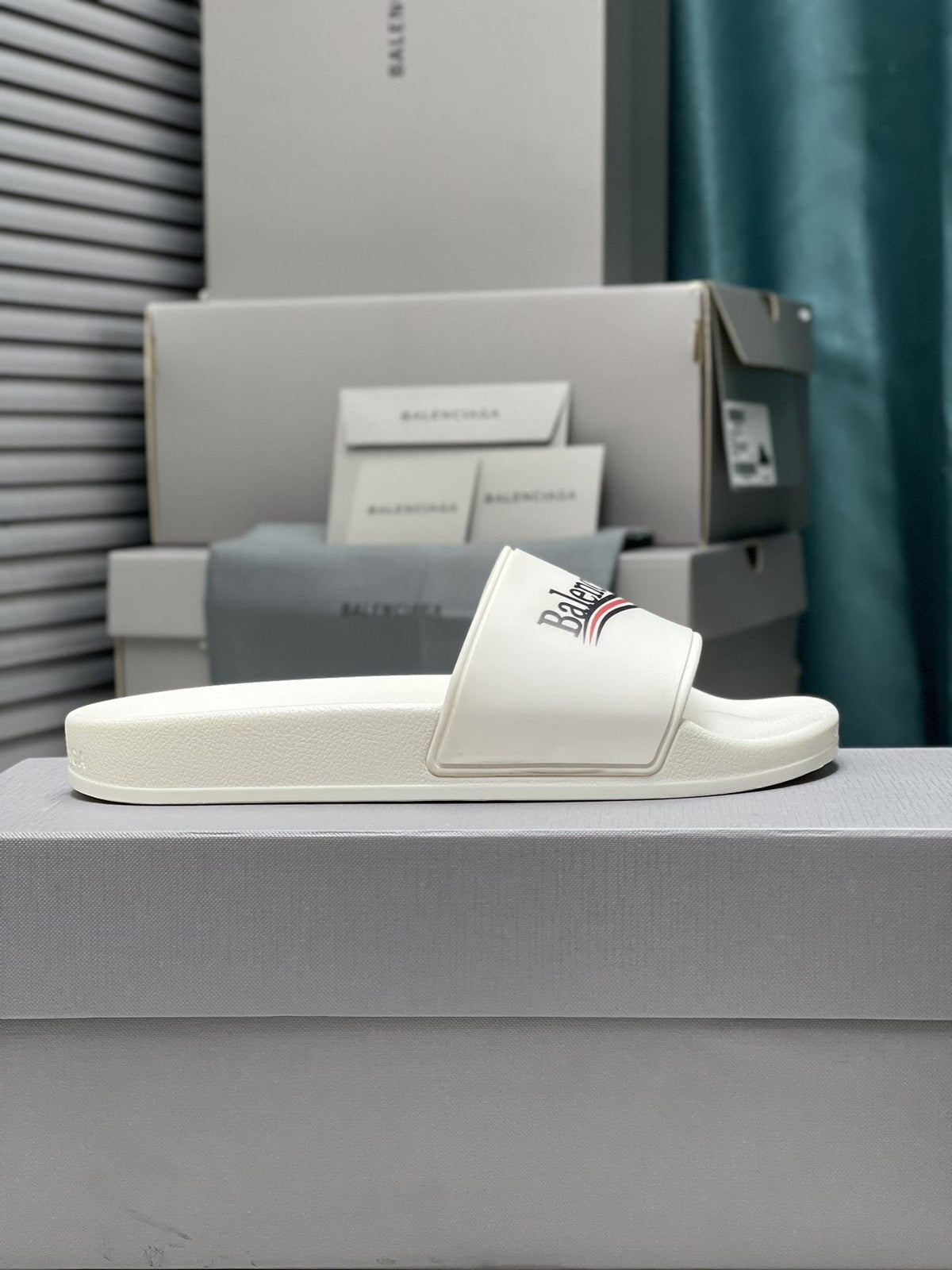 Balenciaga Logo Stripe Slide Sandals — side