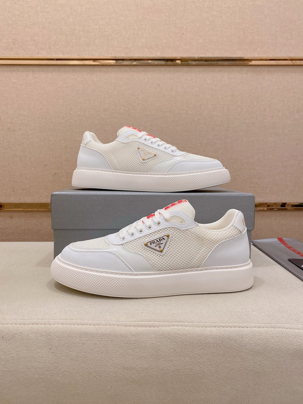 Prada White Red Accent Low-Top Sneakers — front