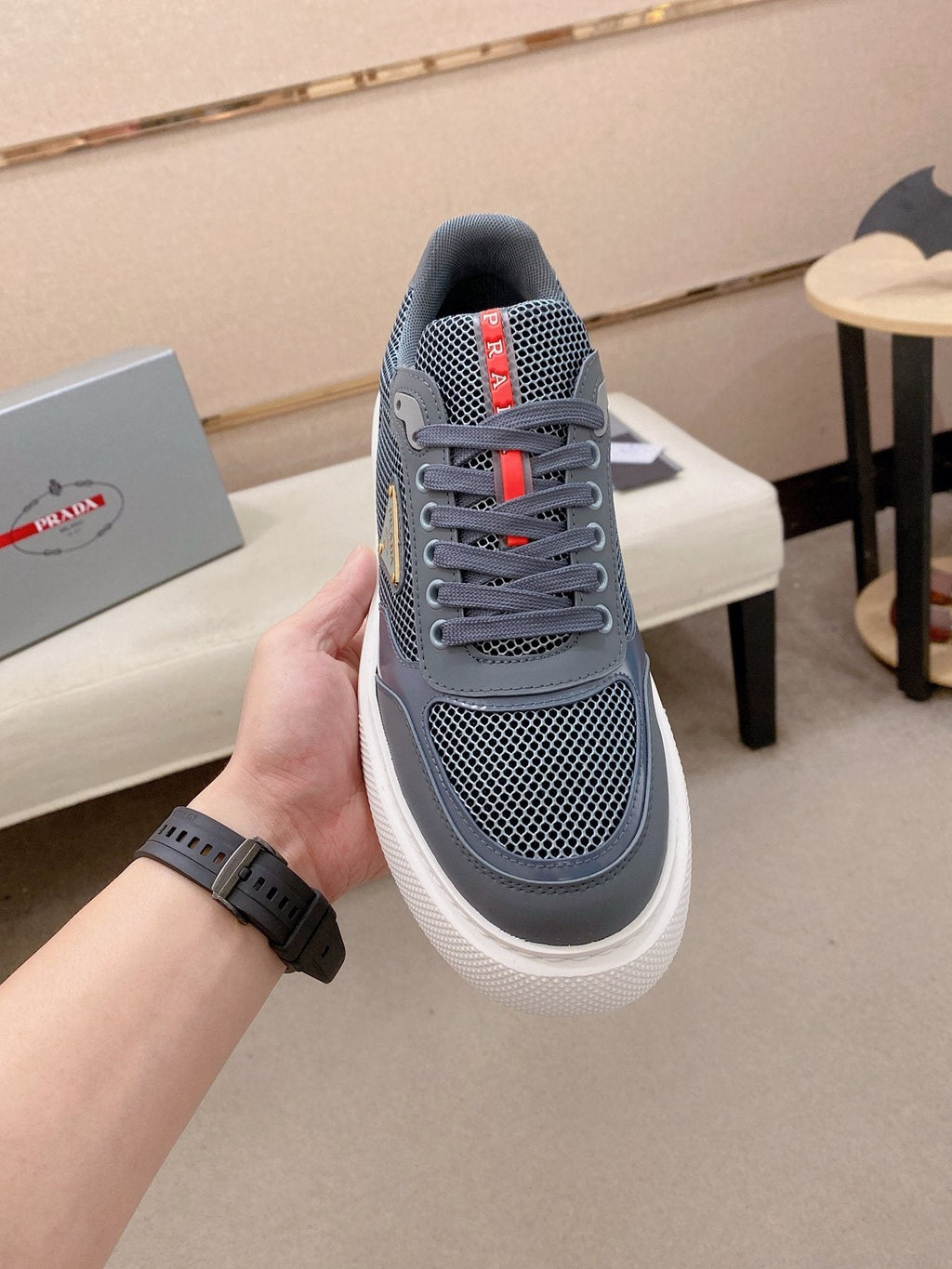 Prada White Red Accent Low-Top Sneakers — front