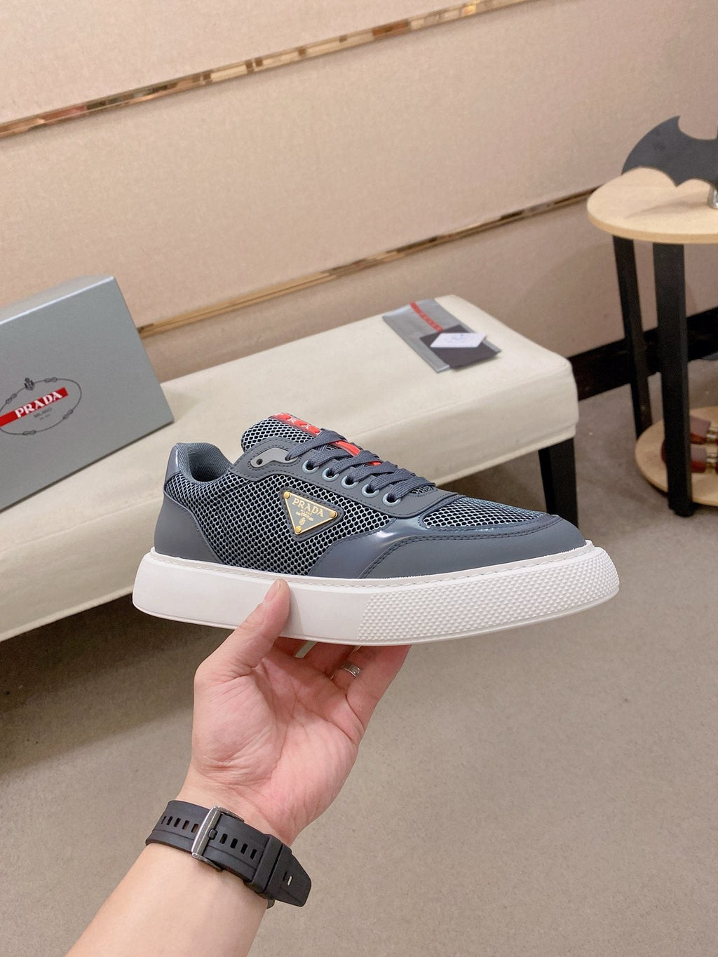 Prada White Red Accent Low-Top Sneakers — side