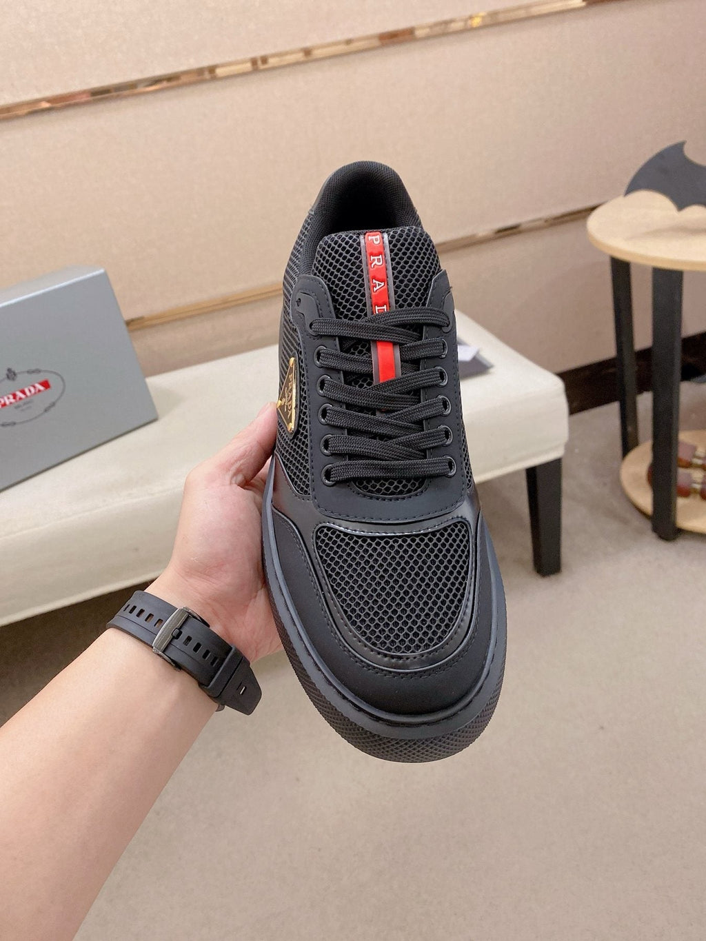 Prada White Red Accent Low-Top Sneakers — front