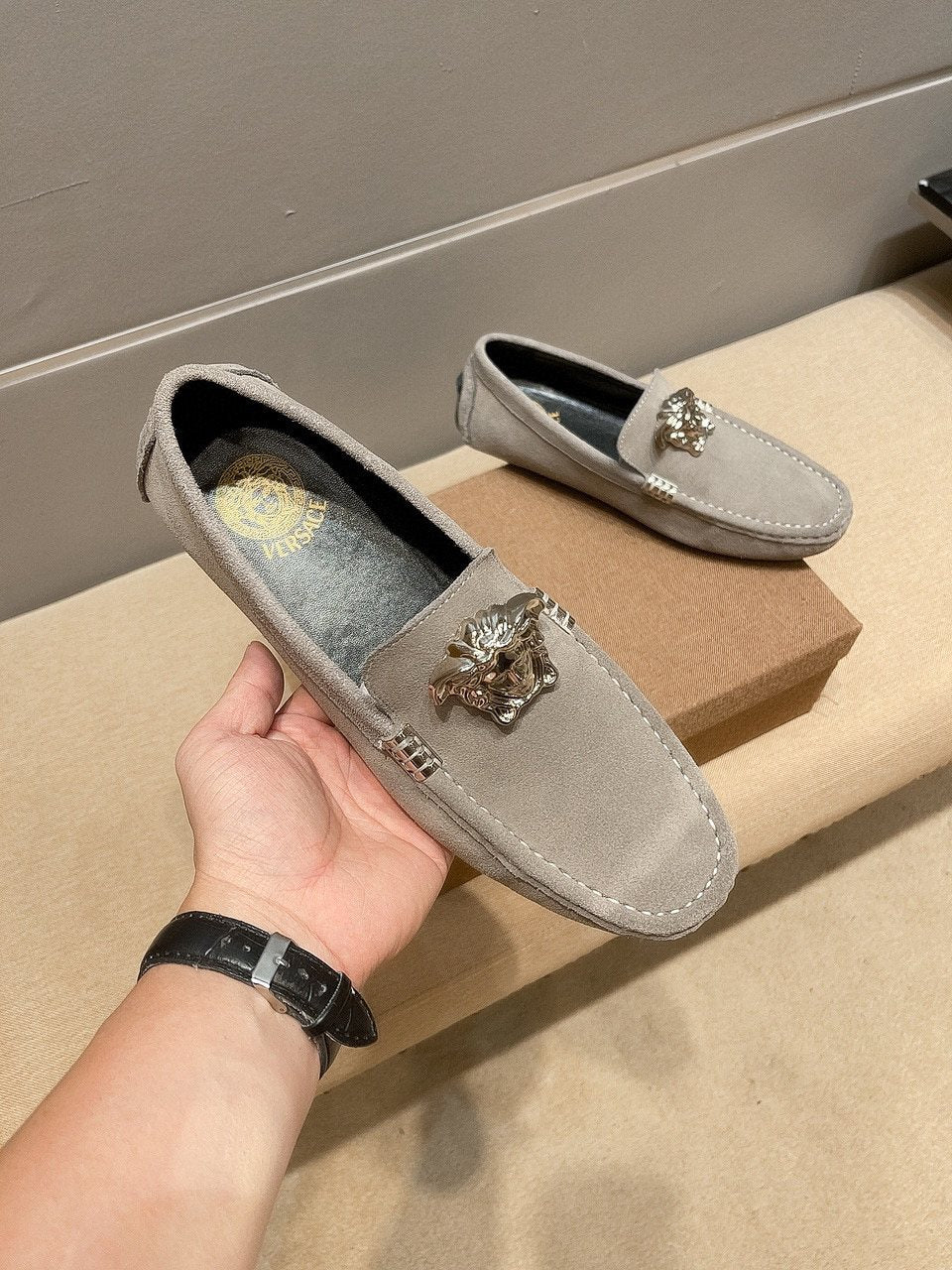 Men's Leather Loafers with Metal Medallion — front