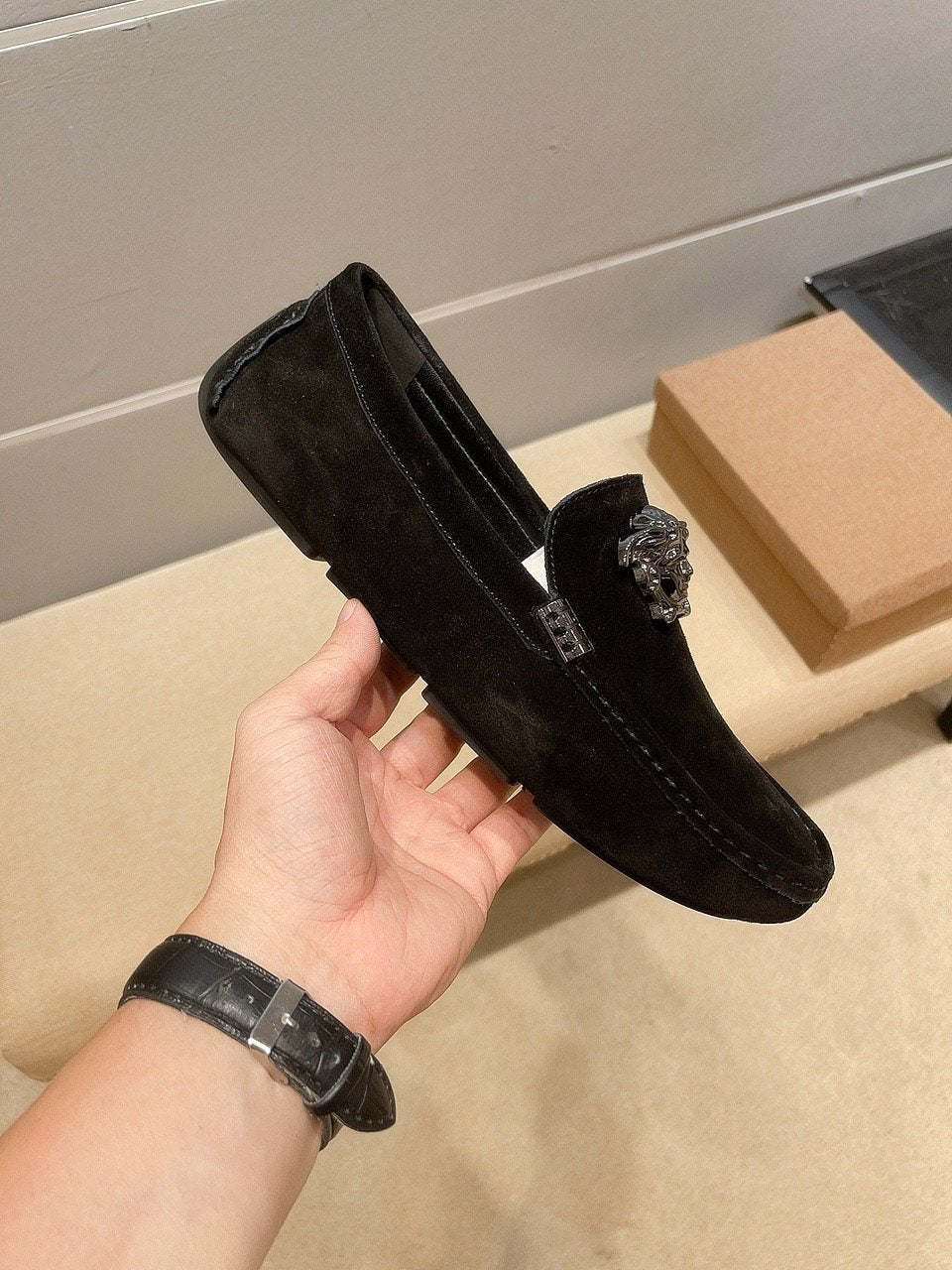 Men's Leather Loafers with Metal Medallion — side