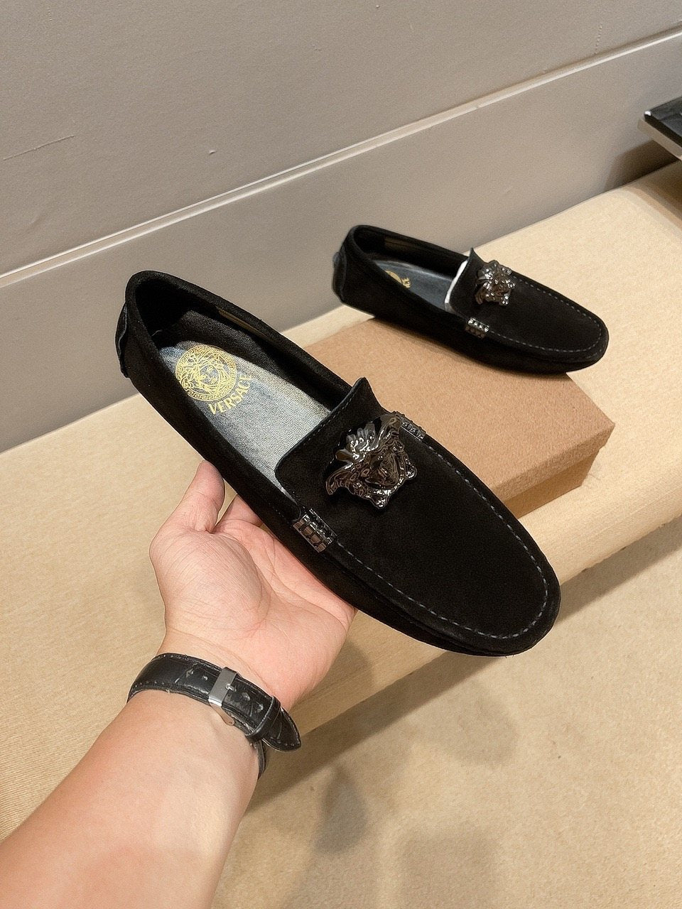 Men's Leather Loafers with Metal Medallion — front
