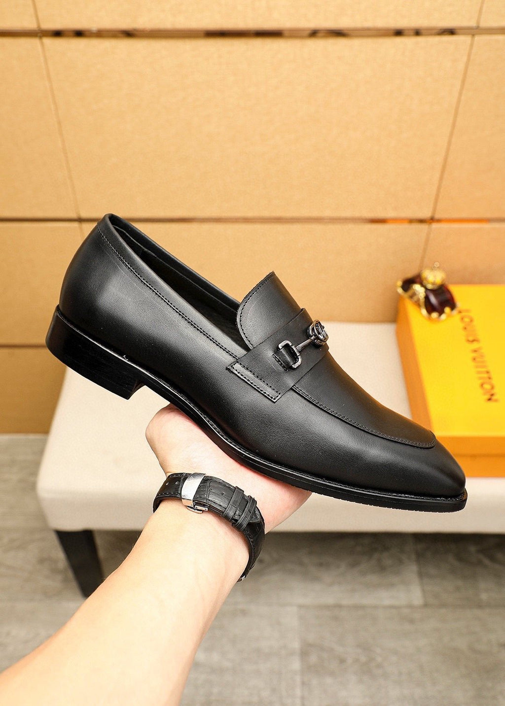 Louis Vuitton Metal-Bit Leather Loafers — model