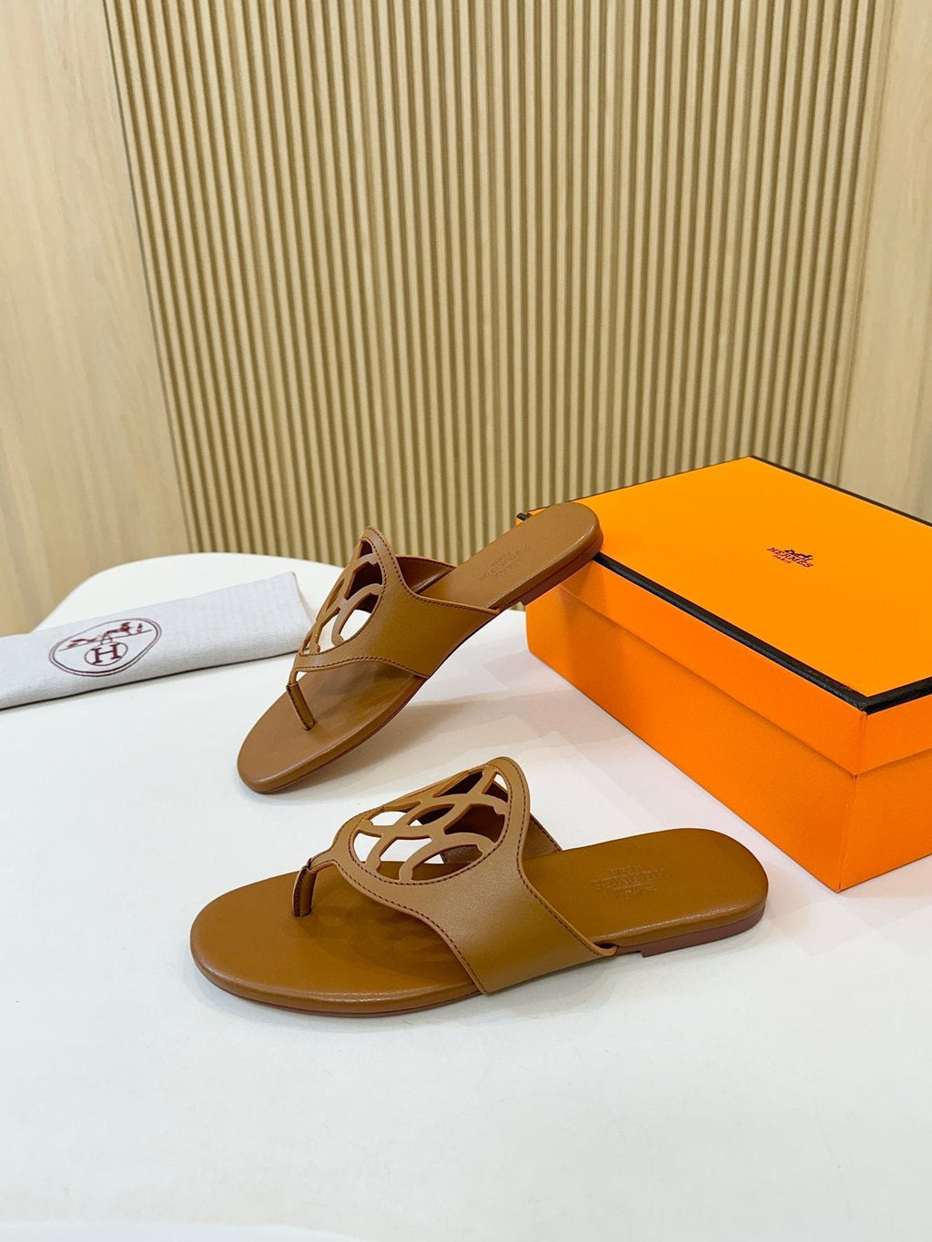 Hermès Tan Brown Cutout Thong Sandals — front