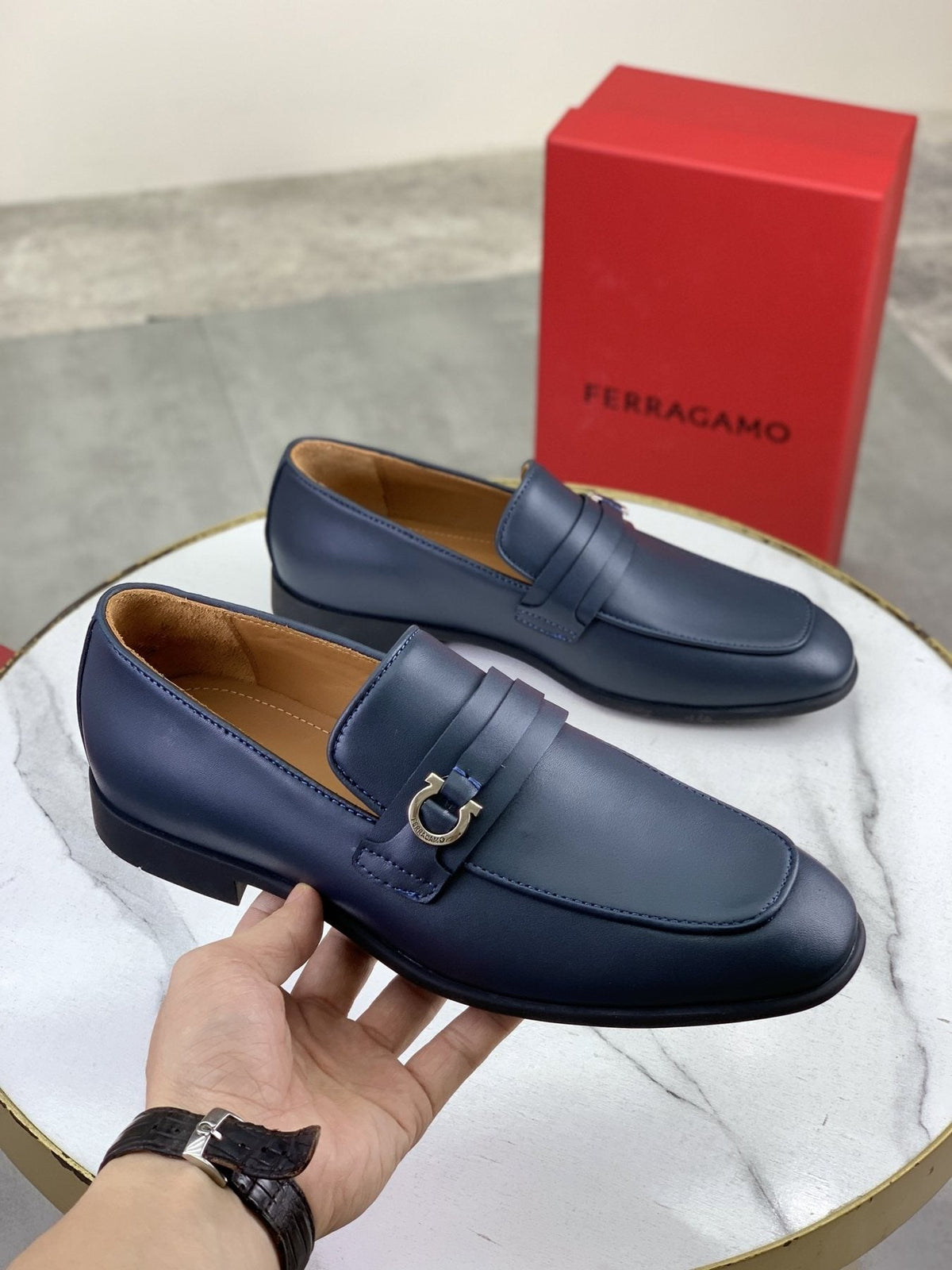 Salvatore Ferragamo Navy Blue Metal-Bit Loafers — front
