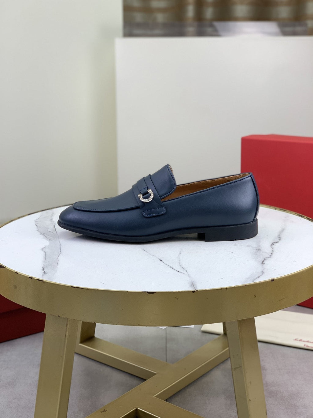 Salvatore Ferragamo Navy Blue Metal-Bit Loafers — hero