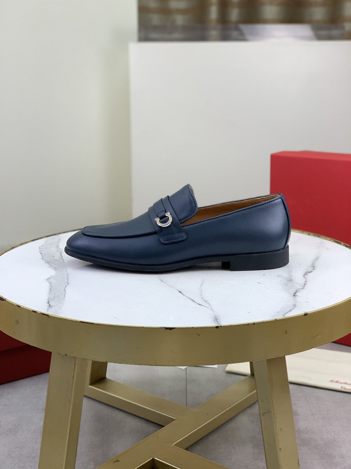 Salvatore Ferragamo Navy Blue Metal-Bit Loafers — hero