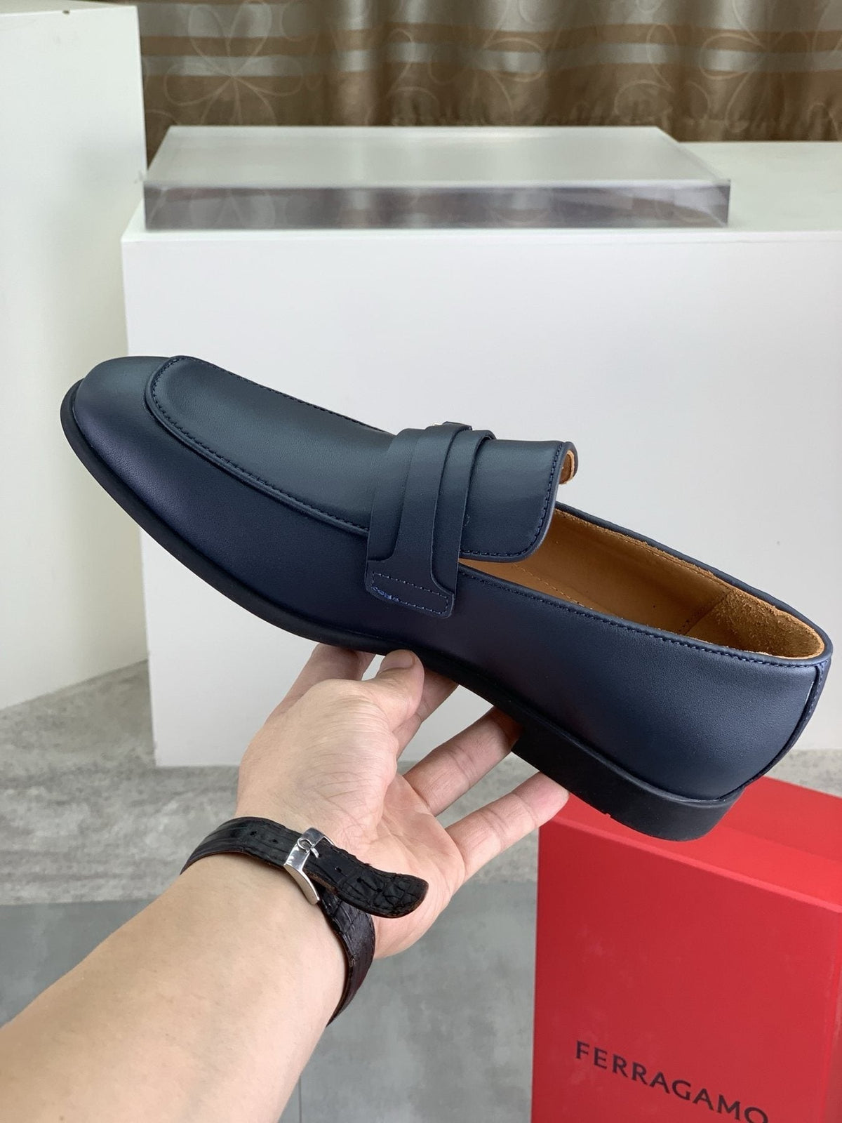 Salvatore Ferragamo Navy Blue Metal-Bit Loafers — side
