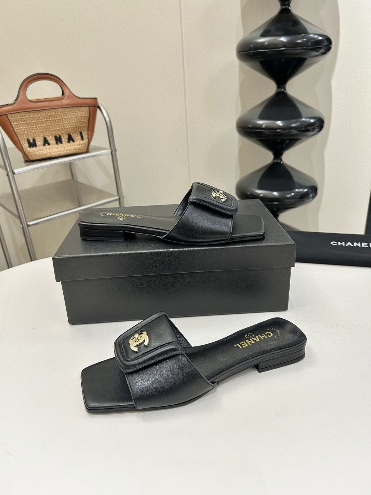 Chanel Square-Toe Leather Slide Sandals — side
