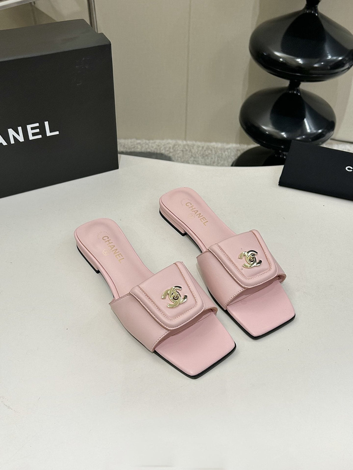 Chanel Square-Toe Leather Slide Sandals — hero