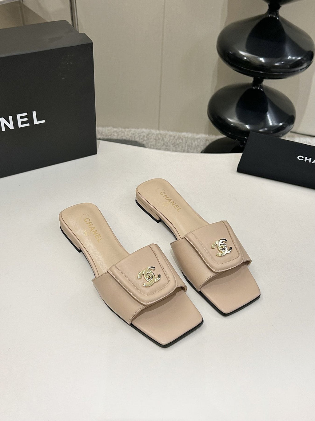 Chanel Square-Toe Leather Slide Sandals — front