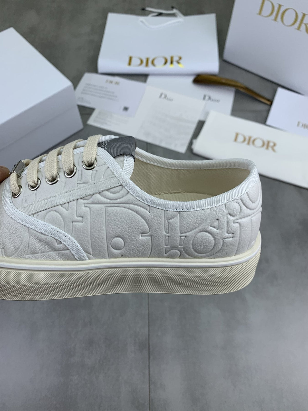 Dior White Embossed Low-Top Sneakers — side