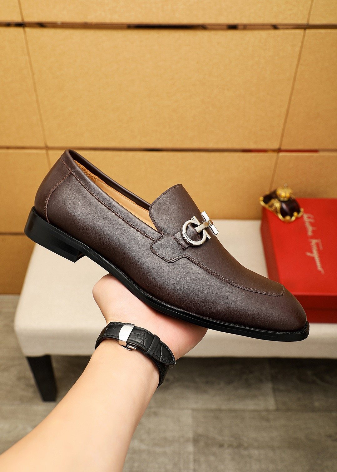 Ferragamo Silver-Tone Ornament Loafers — model