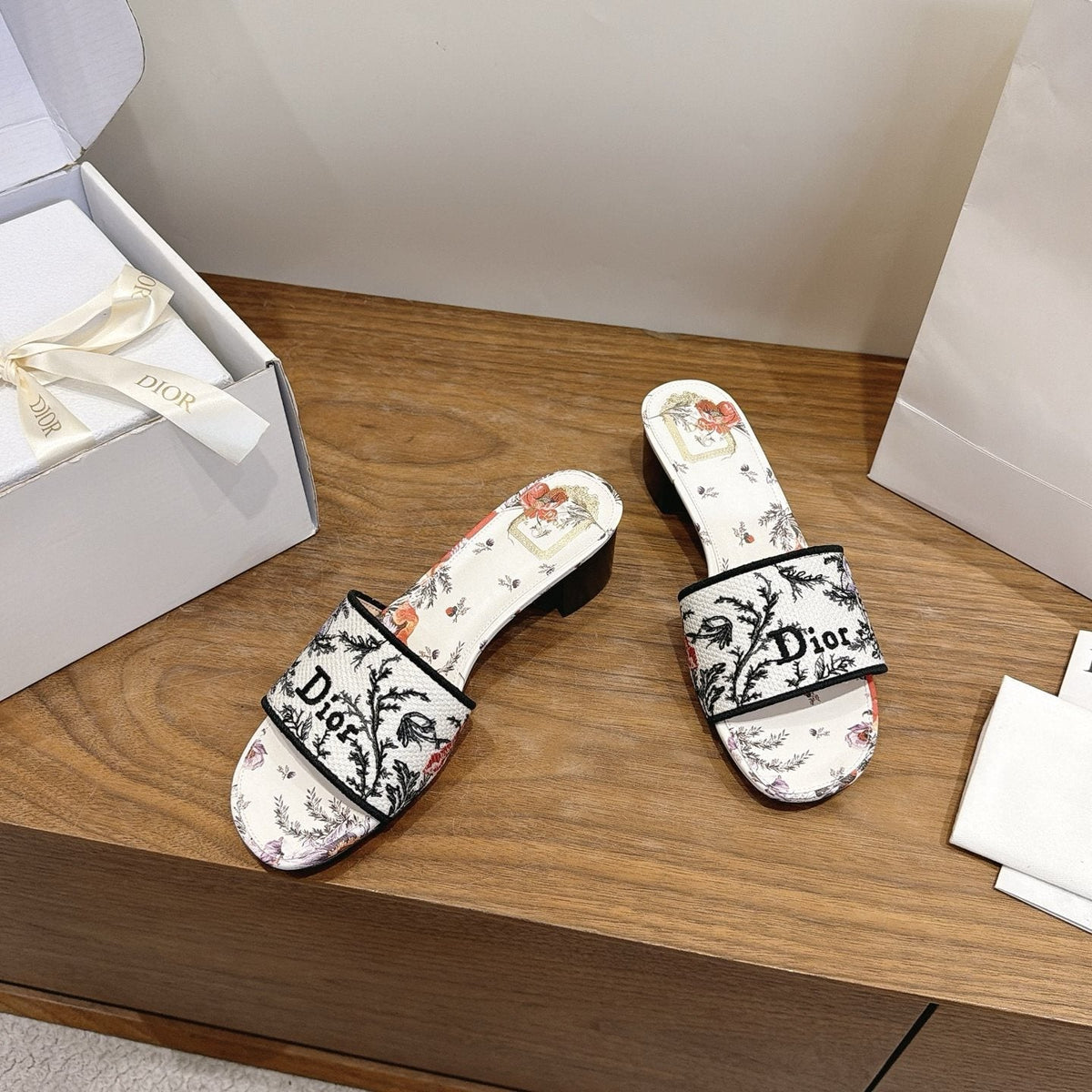 Dior Floral Embroidered Block-Heel Slide Sandals — side