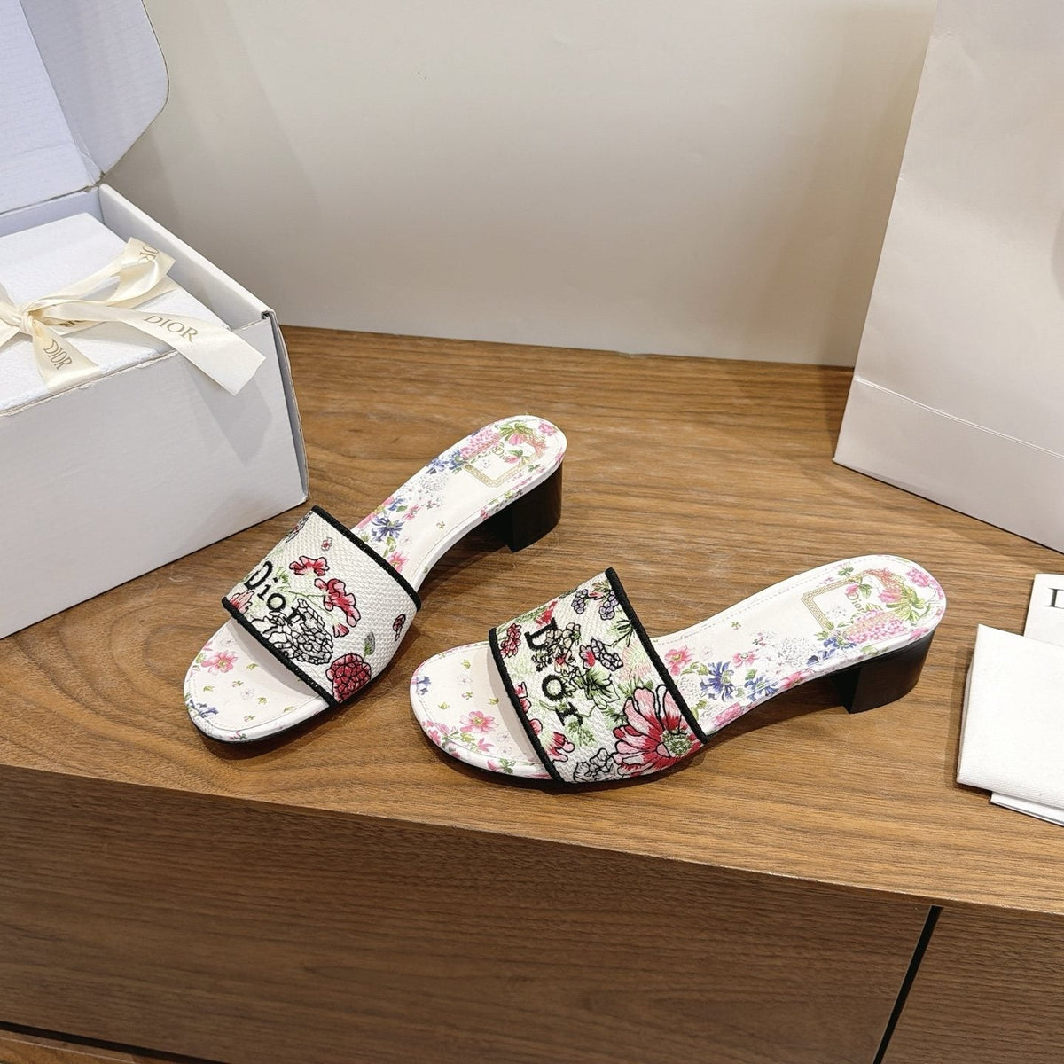 Dior Floral Embroidered Block-Heel Slide Sandals — back