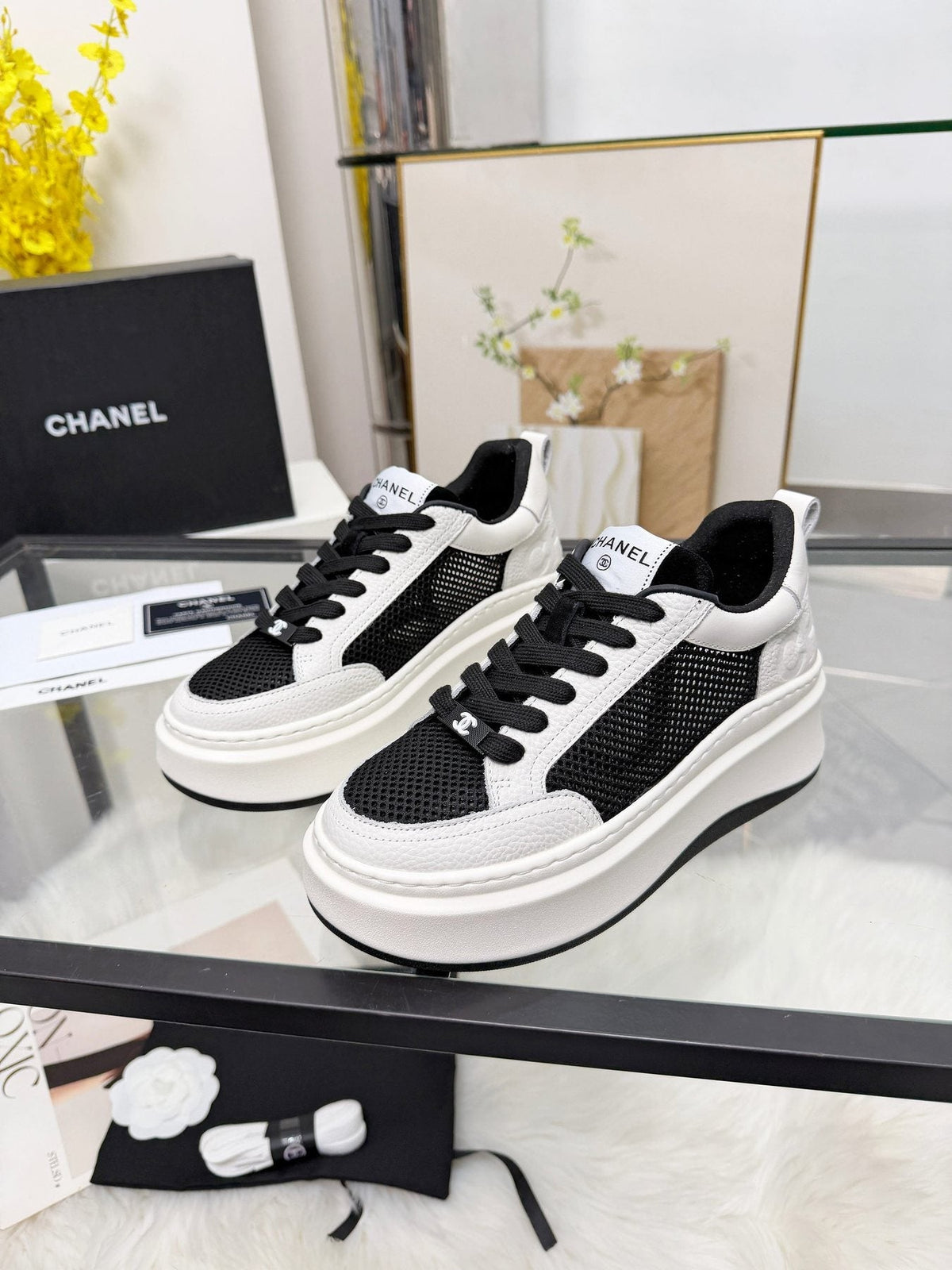 CHANEL White Platform Low-Top Sneakers — side