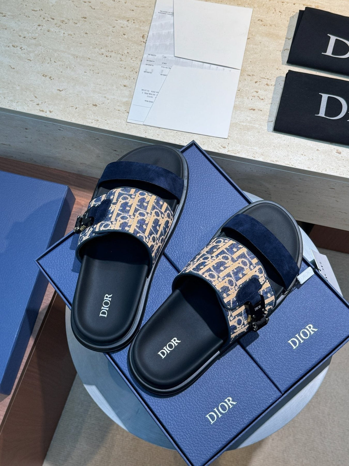 Dior Aqua Monogram Slide Sandals — side