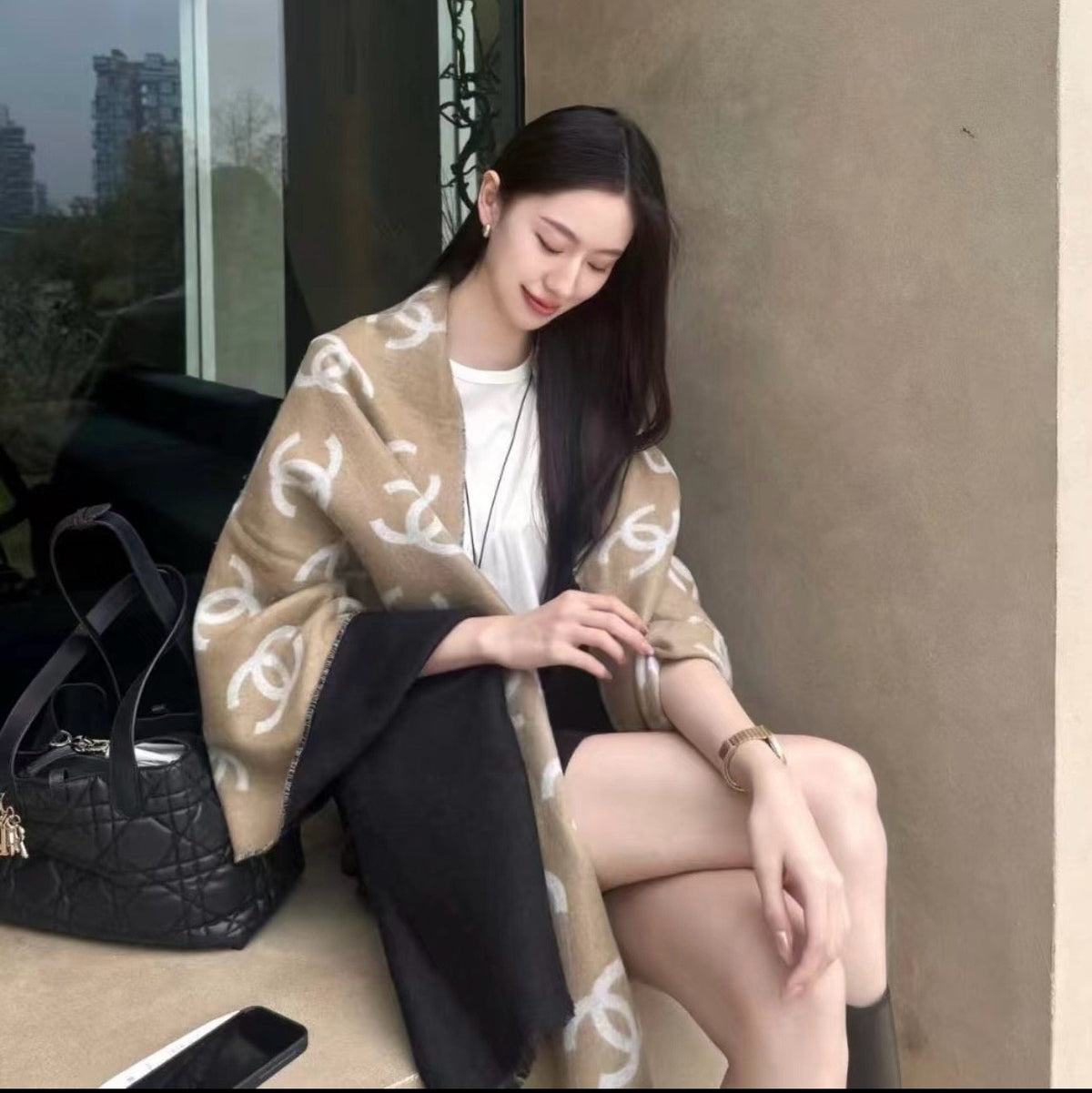 Chanel Reversible Logo Motif Scarf Shawl — model