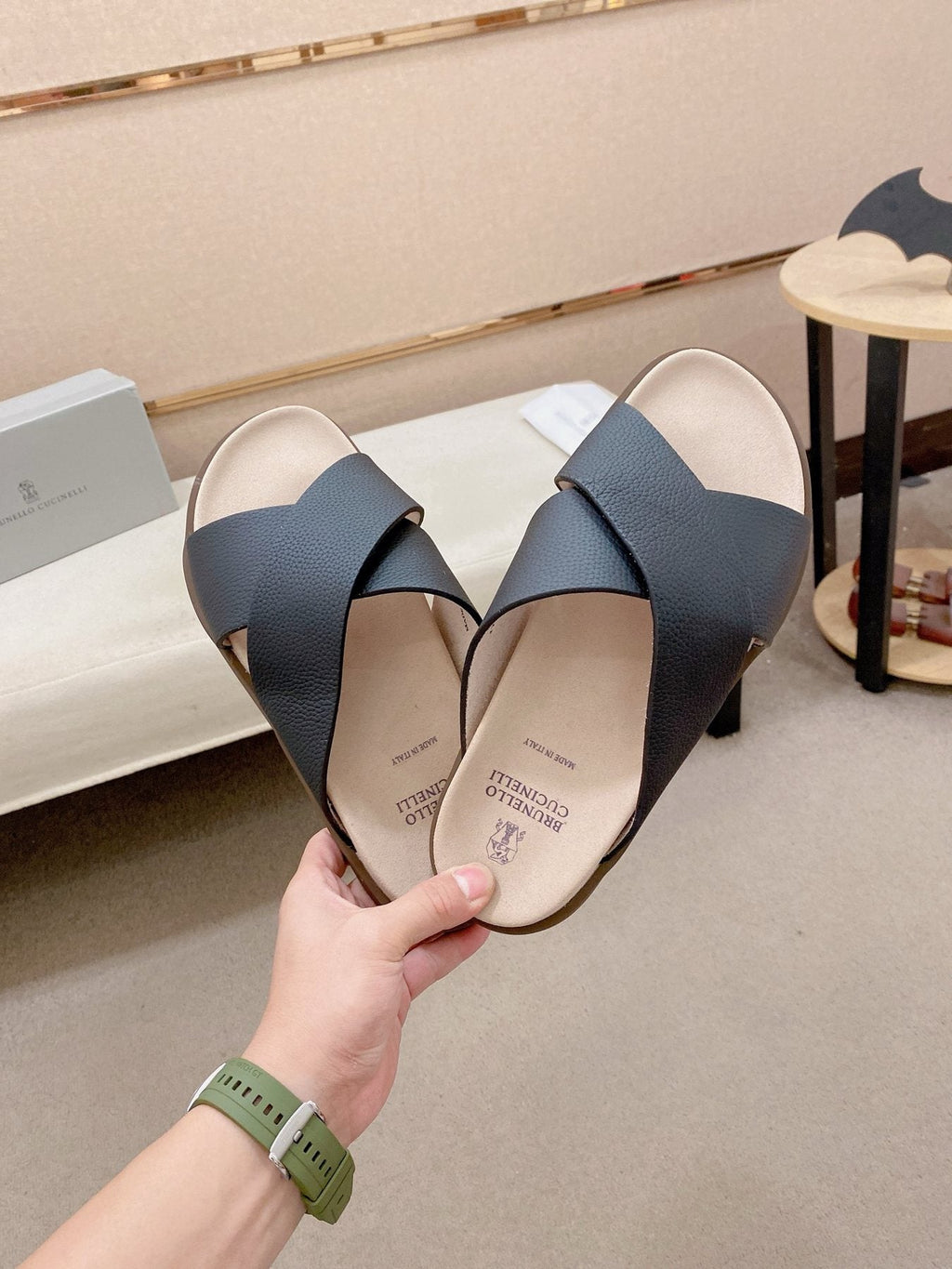 Brunello Cucinelli Cross-Strap Slide Sandals — model