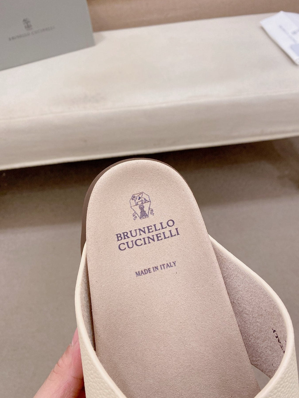 Brunello Cucinelli Cross-Strap Slide Sandals — label