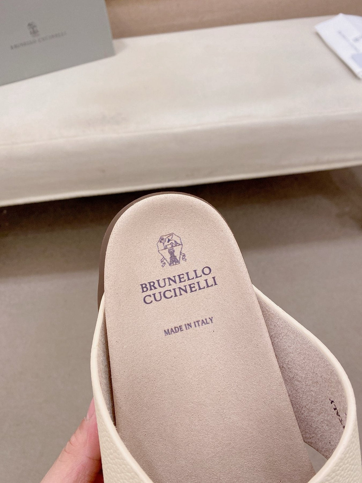 Brunello Cucinelli Cross-Strap Slide Sandals — label