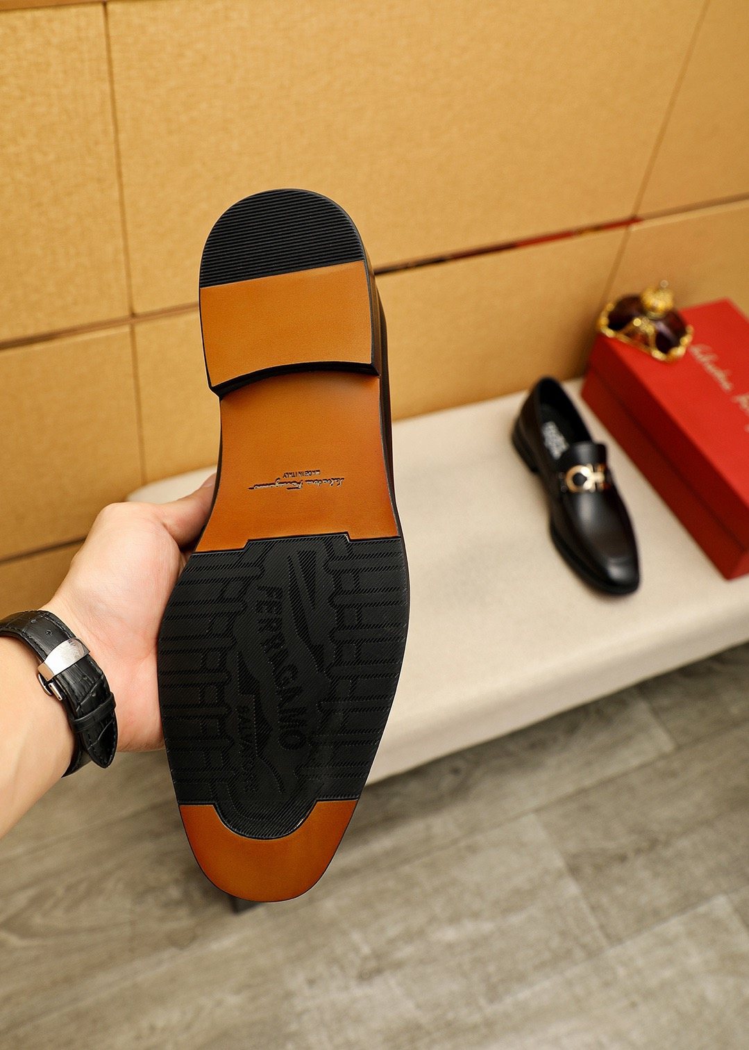 Ferragamo Black Metal Buckle Loafers — model