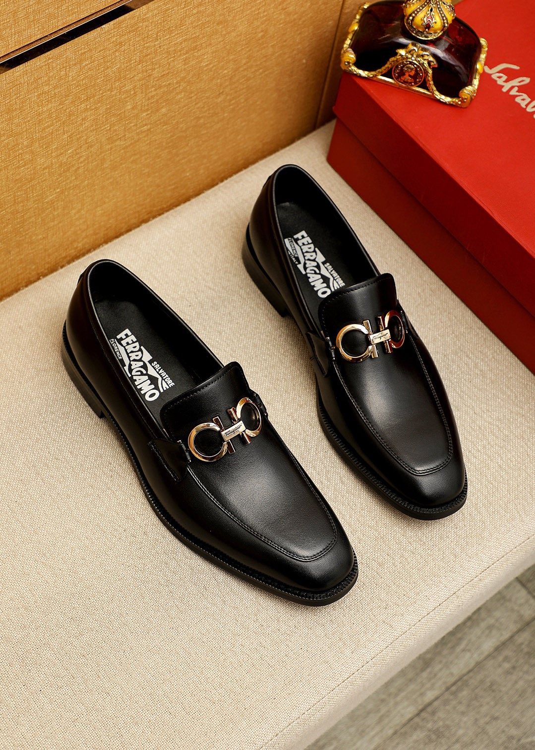 Ferragamo Black Metal Buckle Loafers — hero