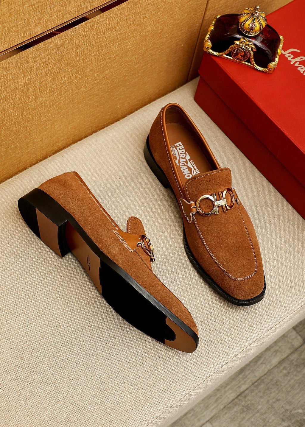 Ferragamo Black Metal Buckle Loafers — front