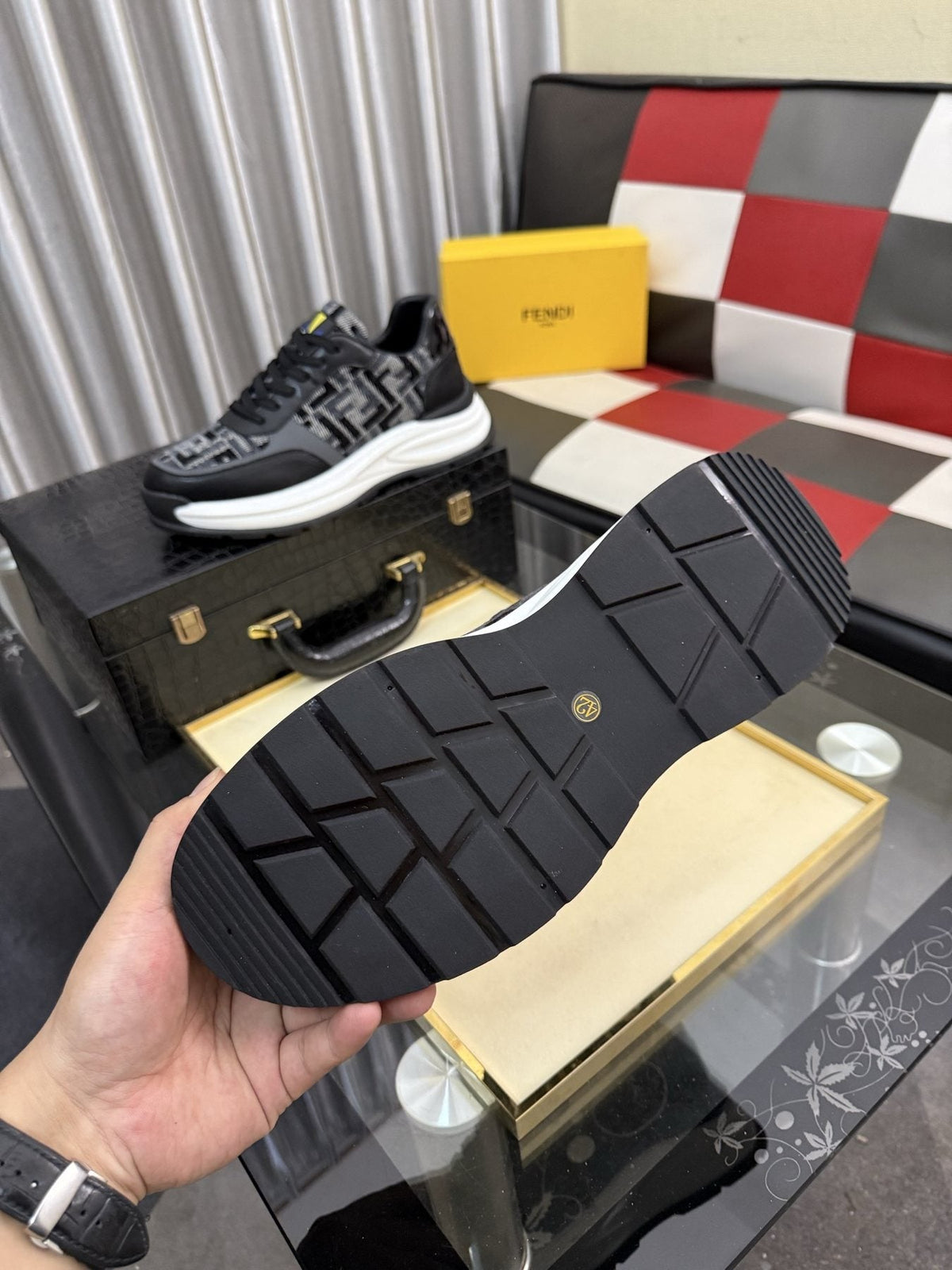 Fendi Men's Patterned Panel Sneakers — side