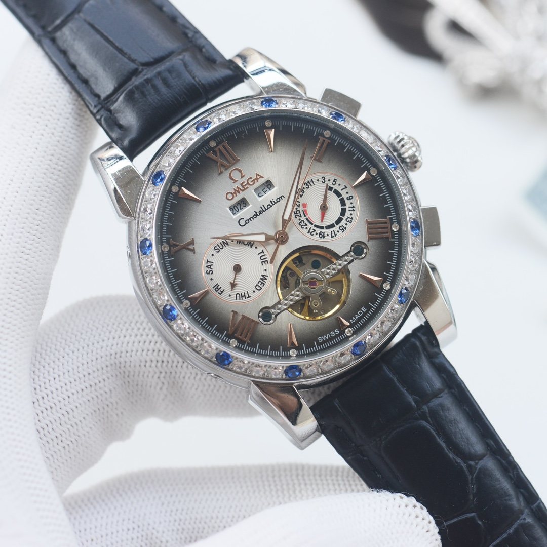 OMEGA Black Silver Dial Strap Watch — hero