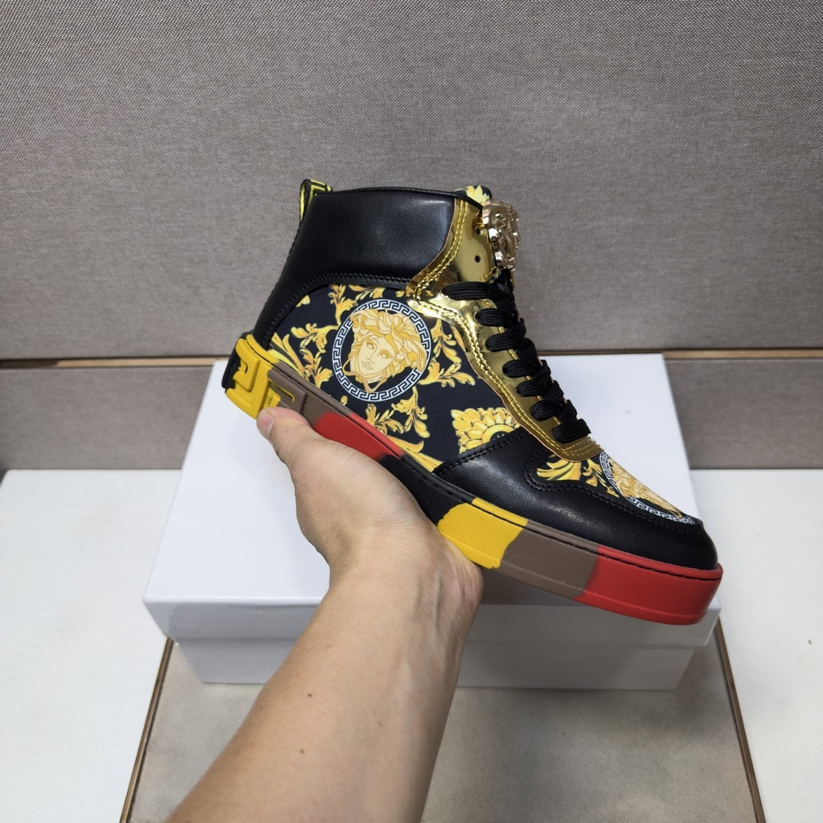 Versace White Gold High-Top Sneakers — model