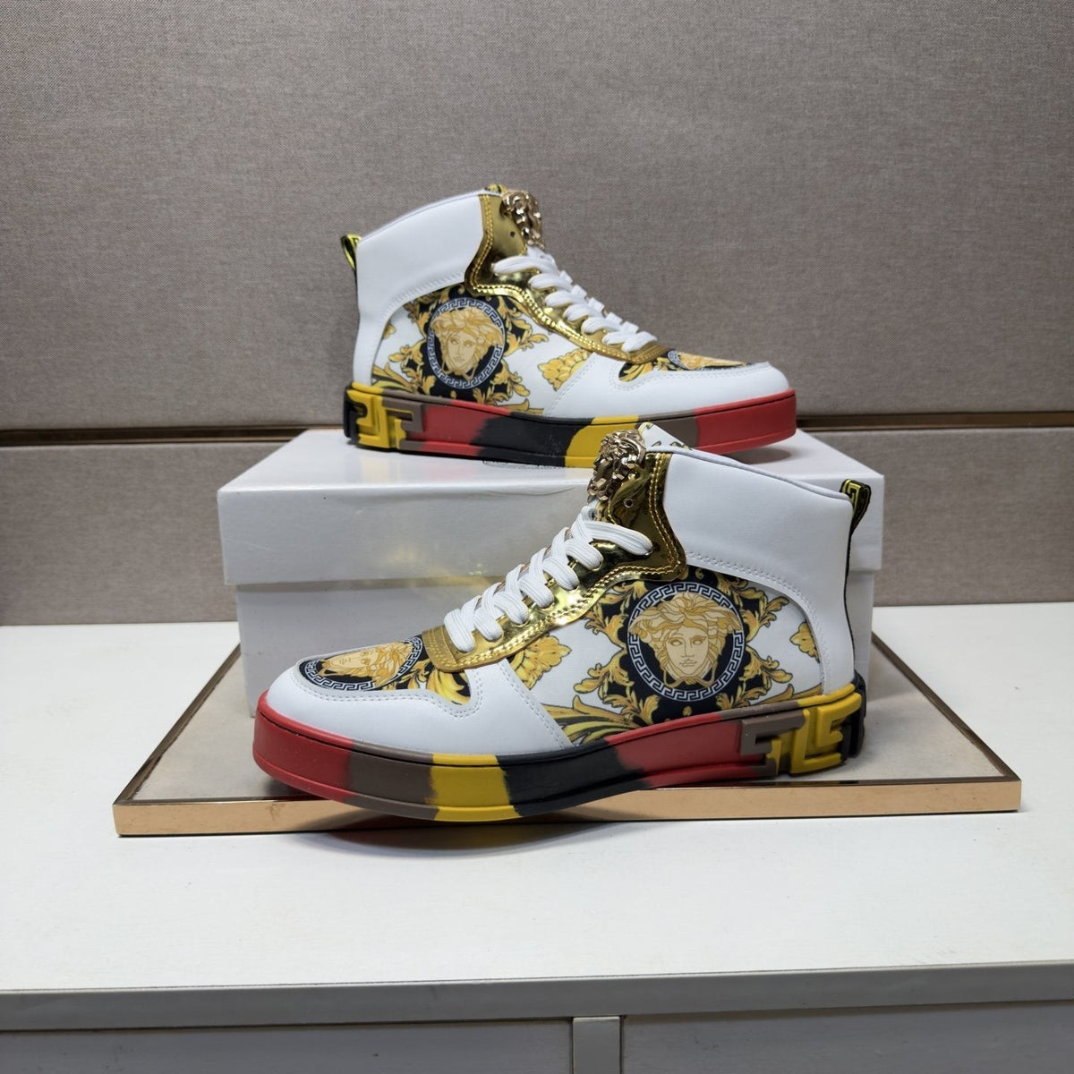 Versace White Gold High-Top Sneakers — model