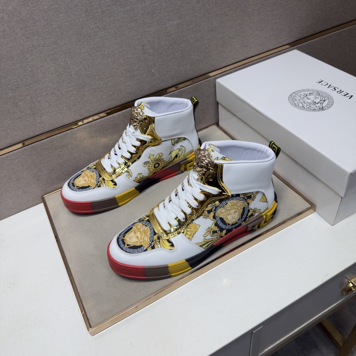 Versace White Gold High-Top Sneakers — side