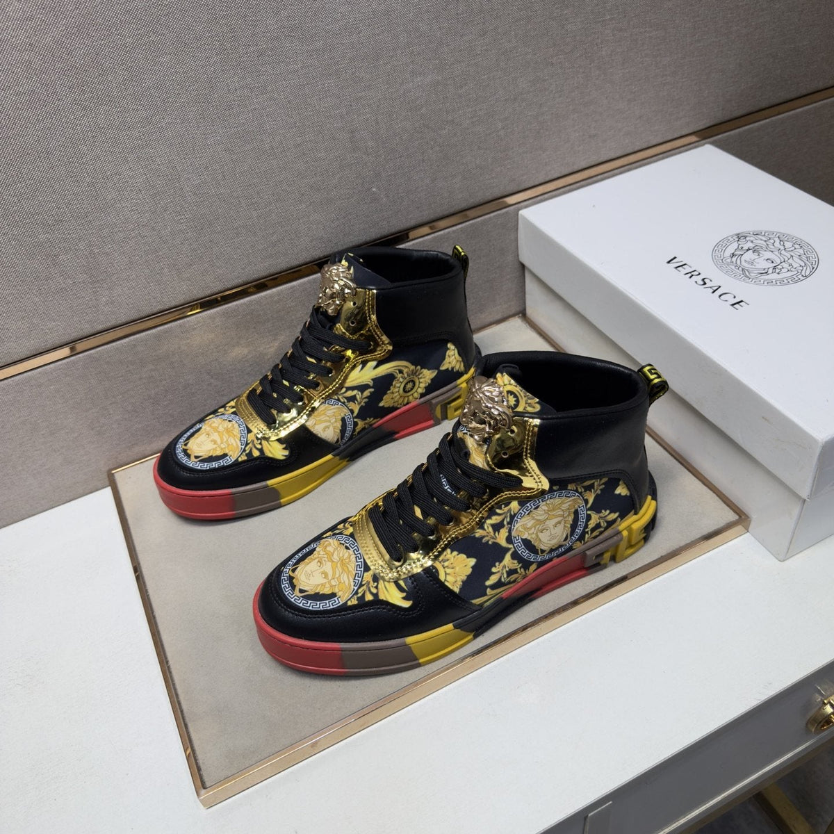 Versace White Gold High-Top Sneakers — front