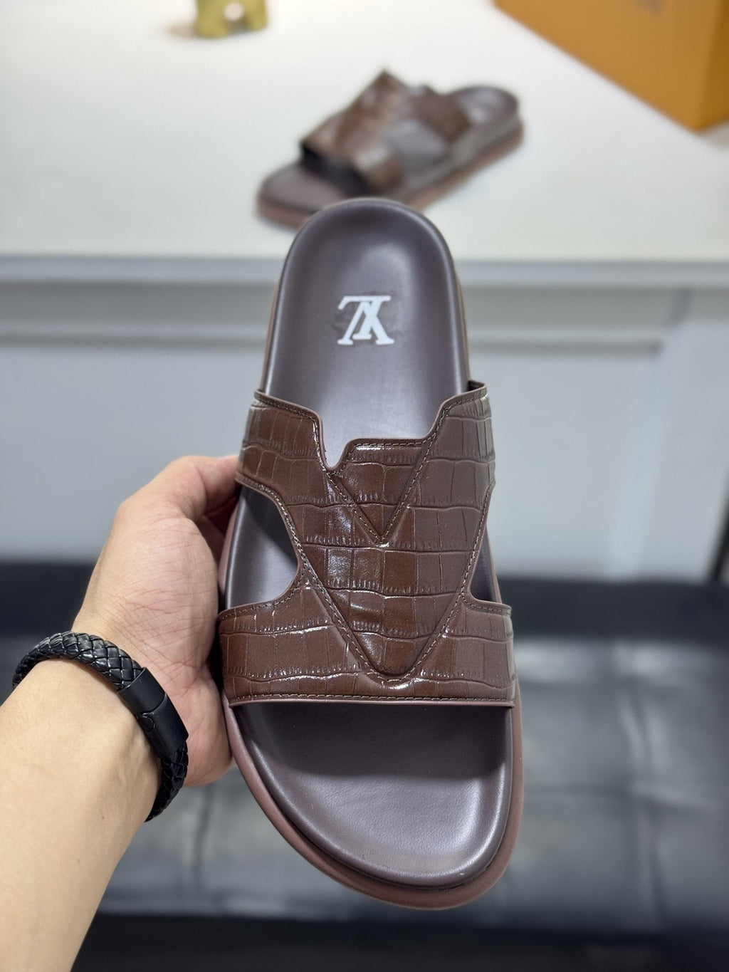 Louis Vuitton Embossed Strap Slide Sandals — front