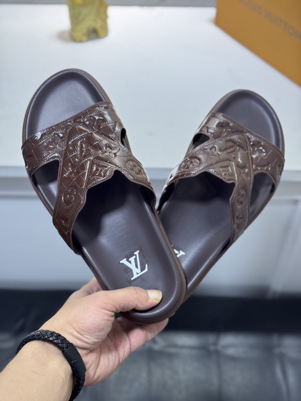 Louis Vuitton Embossed Strap Slide Sandals — front