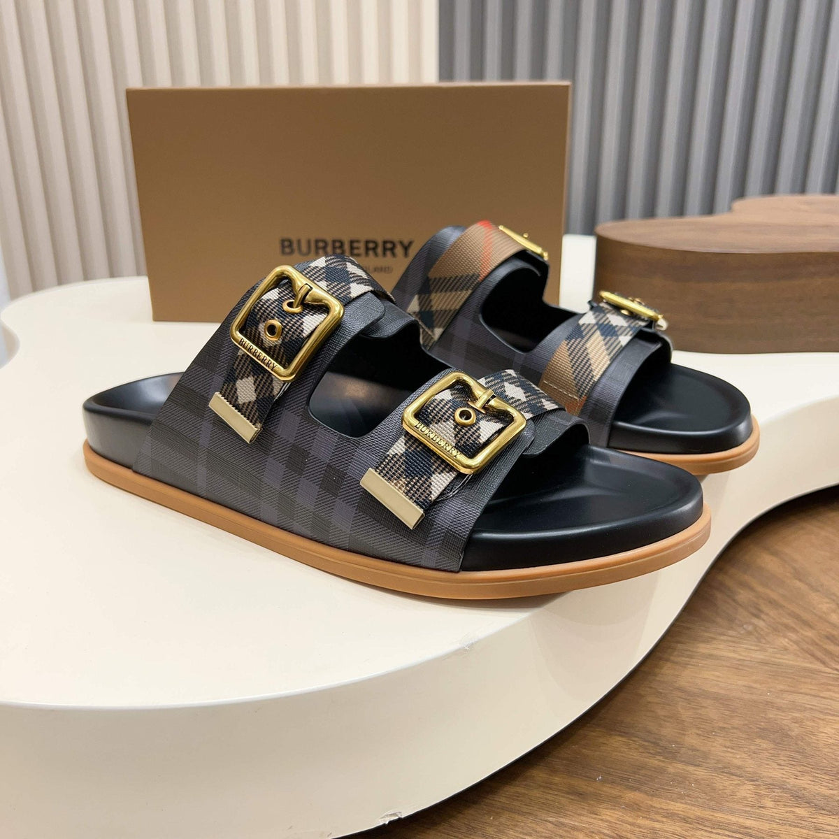 Burberry Plaid Buckle Slide Sandals — front