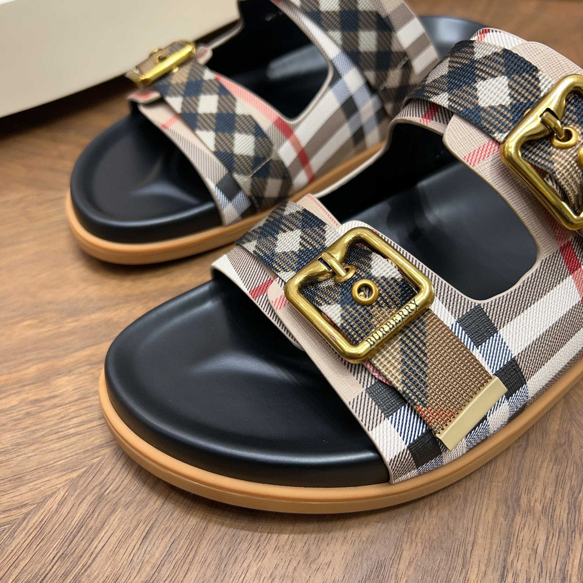 Burberry Plaid Buckle Slide Sandals — front
