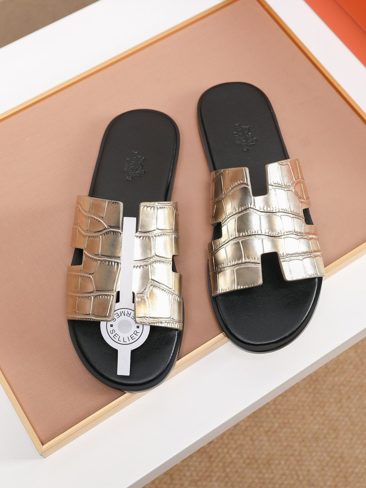 Hermès Croc-Embossed H Slide Sandals — front