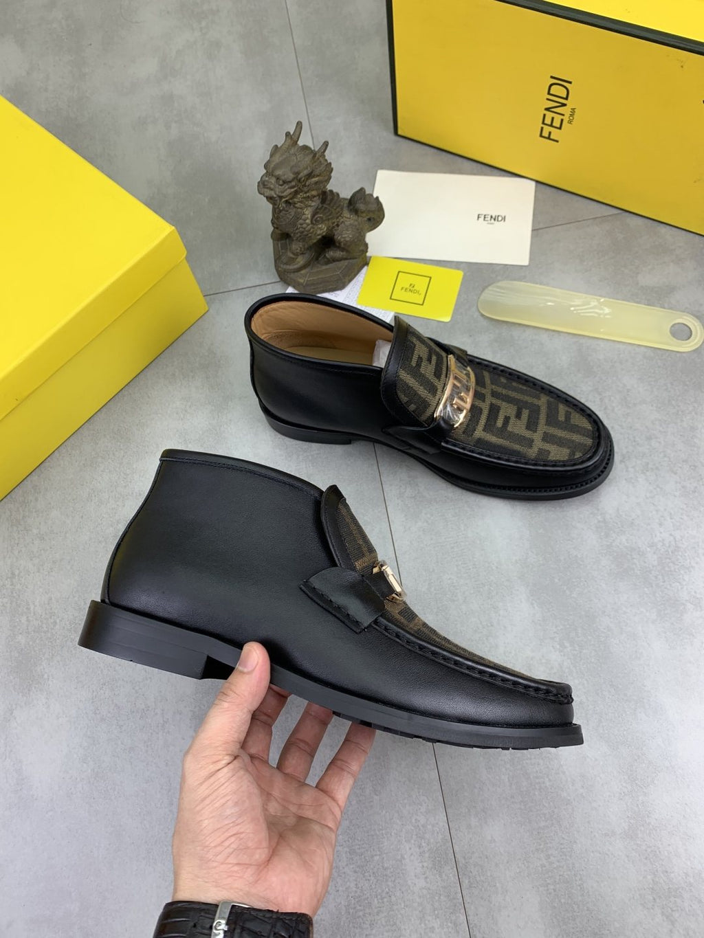 Fendi Black and Brown Monogram Buckle Ankle Boots — side