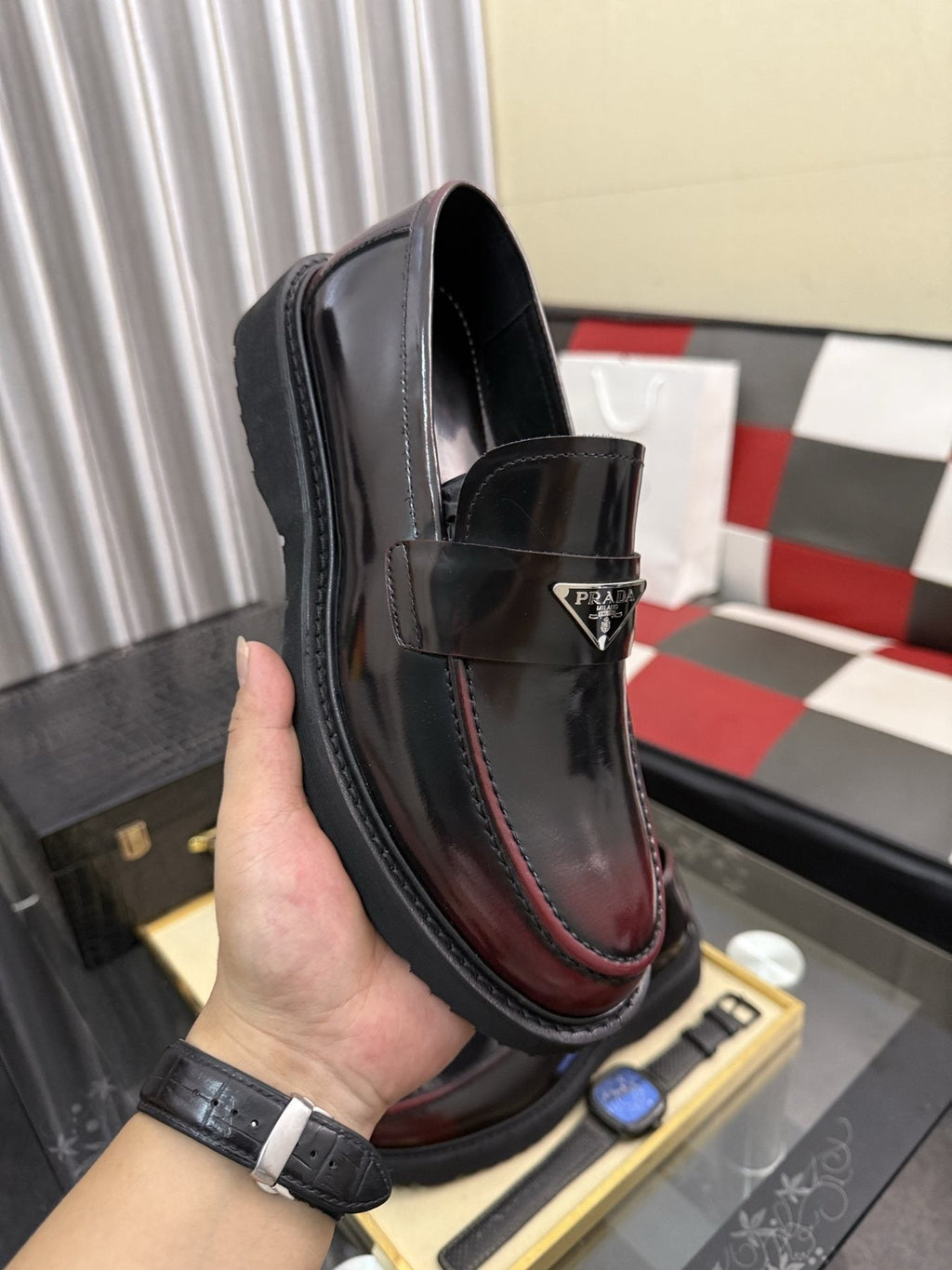 Prada Triangle Plaque Loafers — side