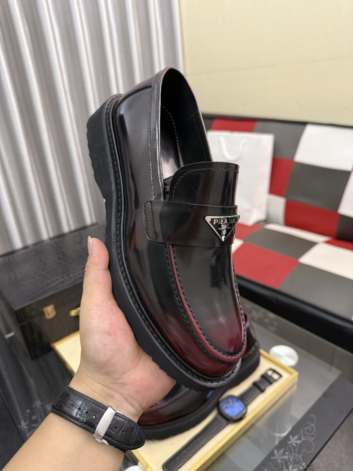 Prada Triangle Plaque Loafers — side