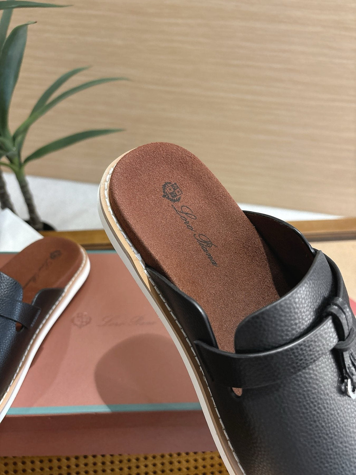 Loro Piana Textured Leather Mule Sandals — detail