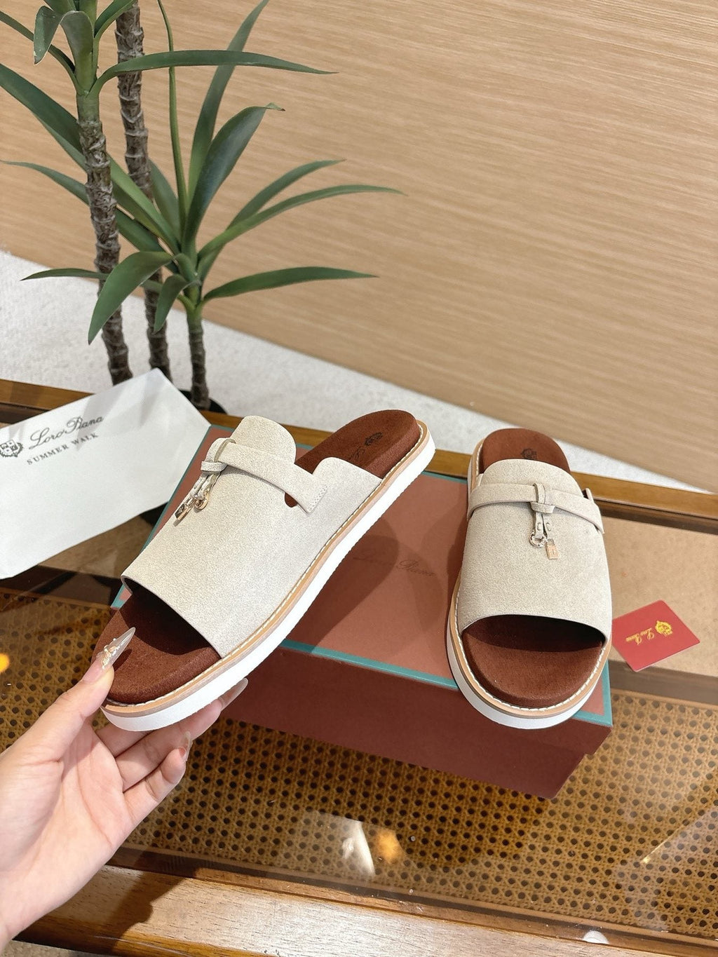 Loro Piana Textured Leather Mule Sandals — detail