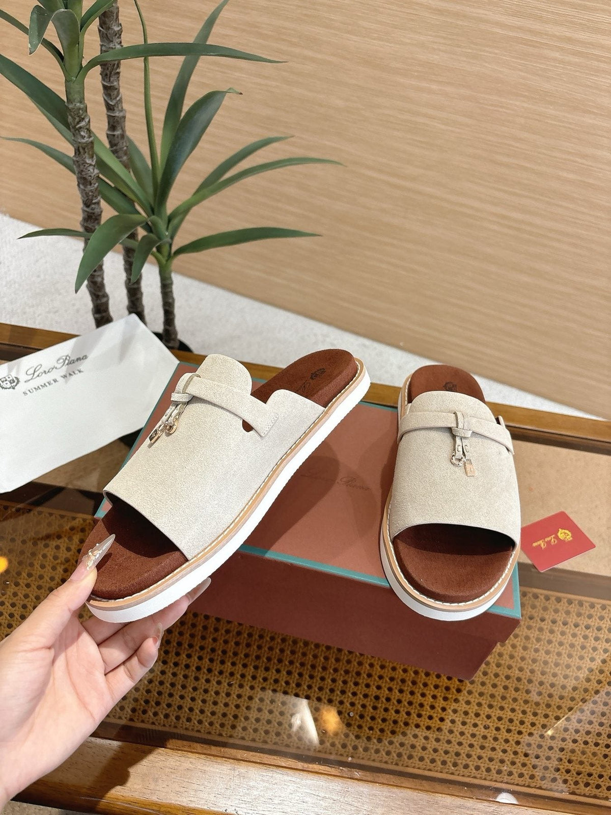 Loro Piana Textured Leather Mule Sandals — detail