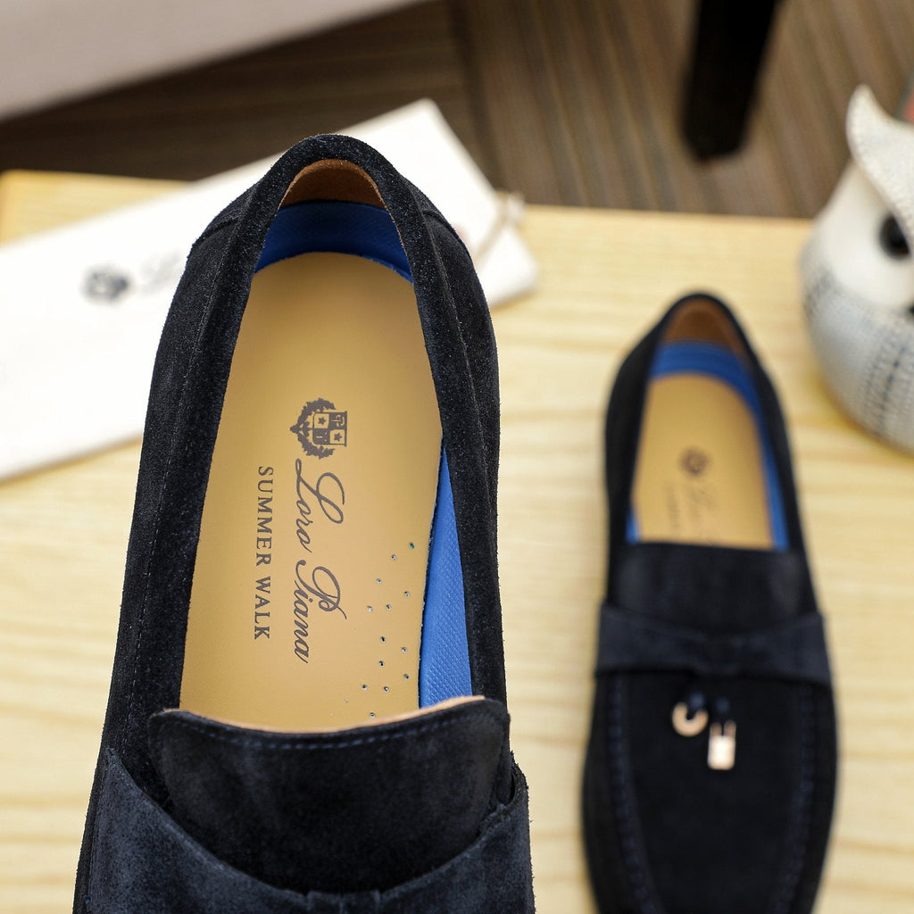 Loro Piana Black Apron-Toe Loafers — label
