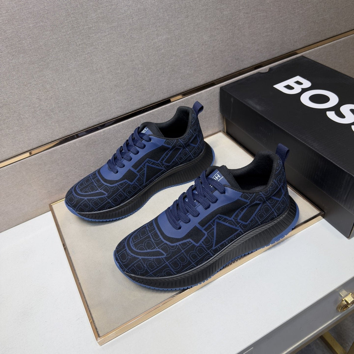 BOSS Navy Blue and Black Low-Top Sneakers — front