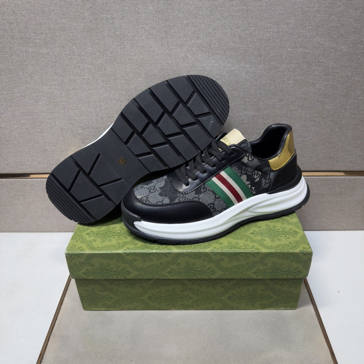 Gucci Black and Gray Stripe Sneakers — back